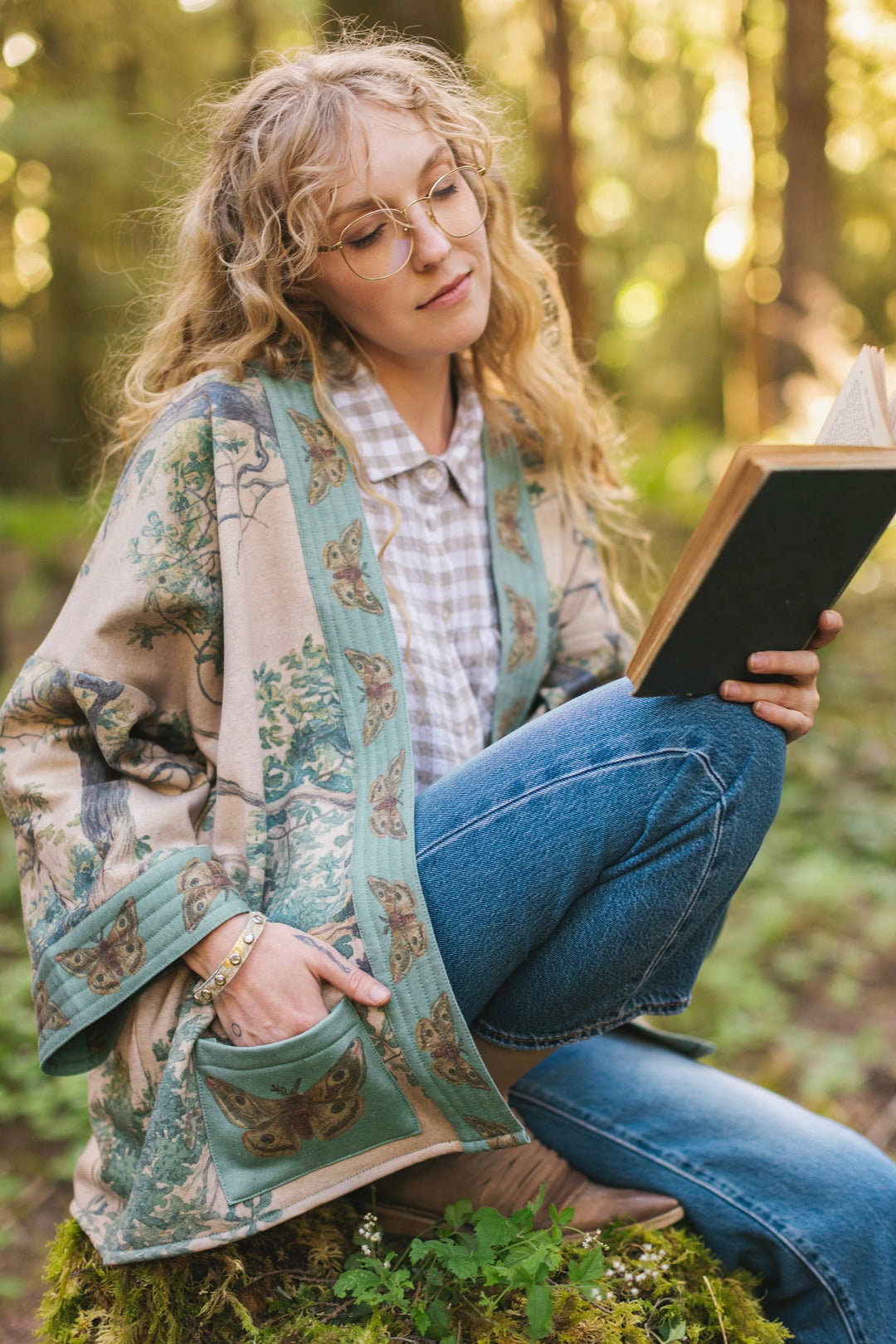 Earth & Sky Fleece Cottage Cardigan Kimono Jacket w/Trees