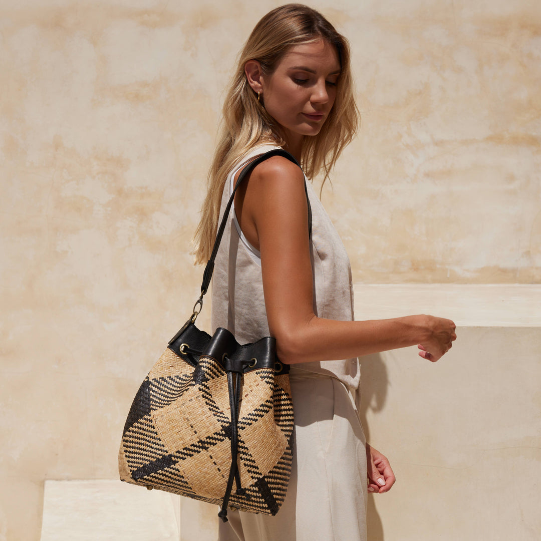 Rattan Sling Bag - Black and Ivory Plaid Weave, Leather Trim