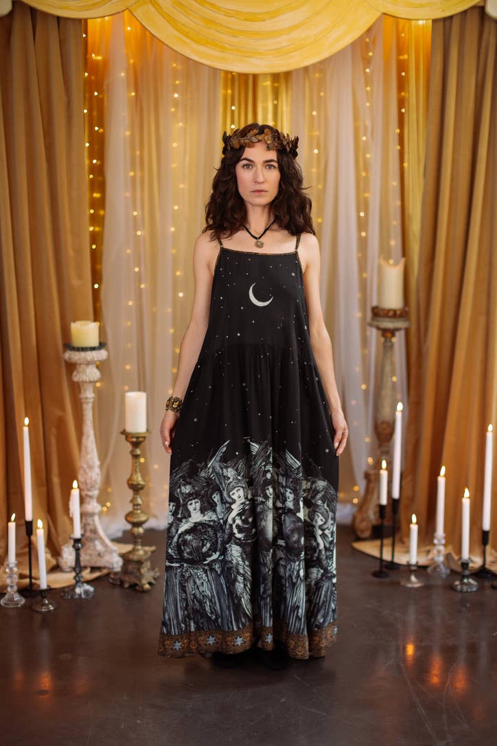 The Guardians Bohéme Slip Maxi Dress w/ Angels, Moon & Stars