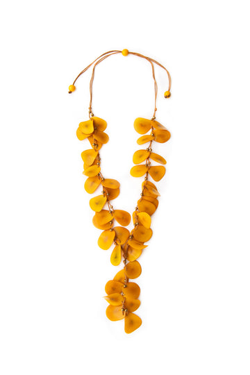 Yellow leaf-shaped necklace on a white background
