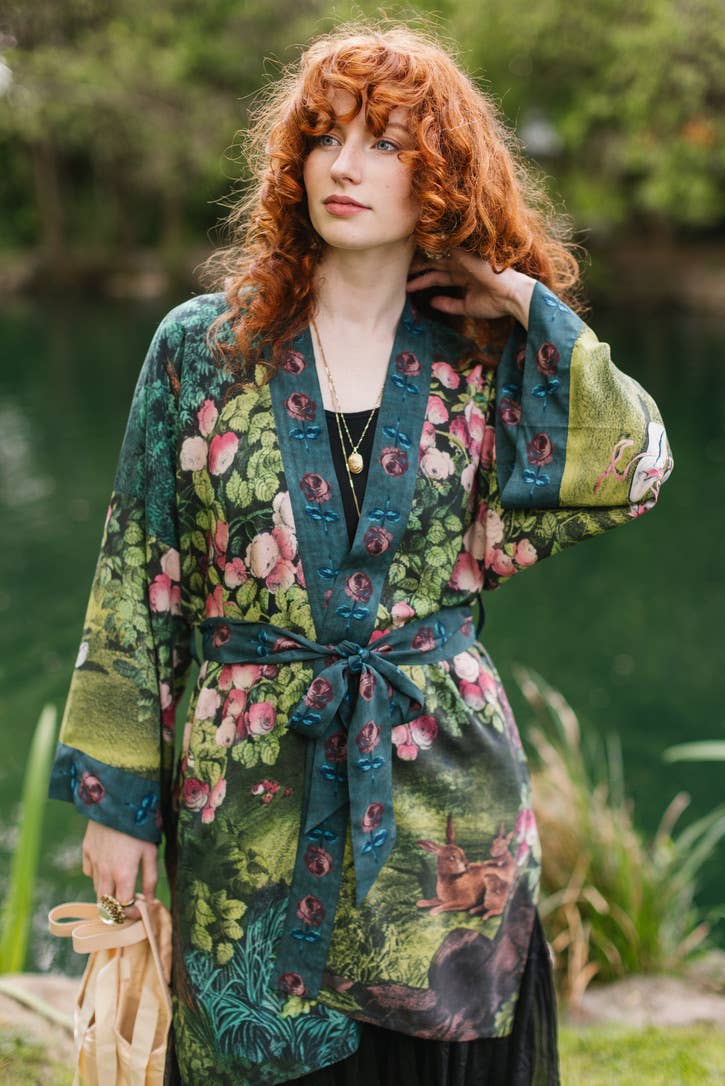 The Daydreamer Matinée Duster Kimono w/ Roses & Rabbits