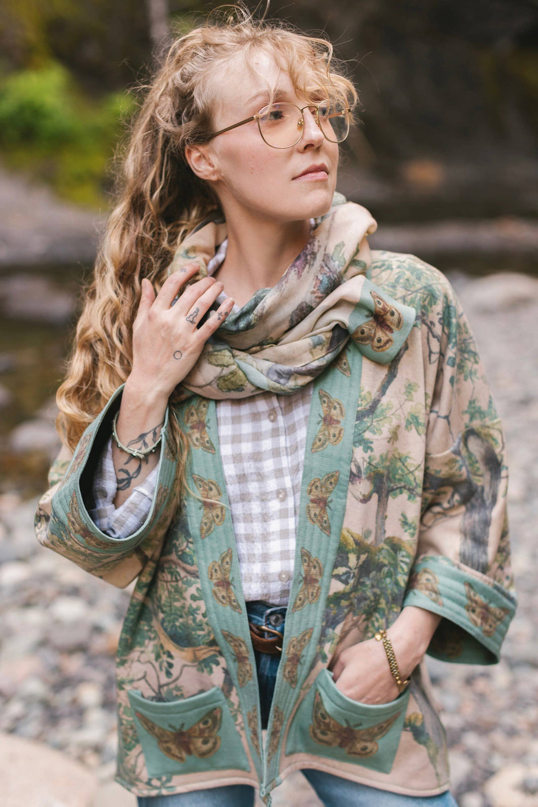 Earth & Sky Fleece Cottage Cardigan Kimono Jacket w/Trees