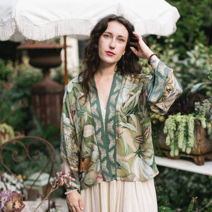 Fleur De Soleil Pixie Crop Kimono w/ Florals & Butterfly