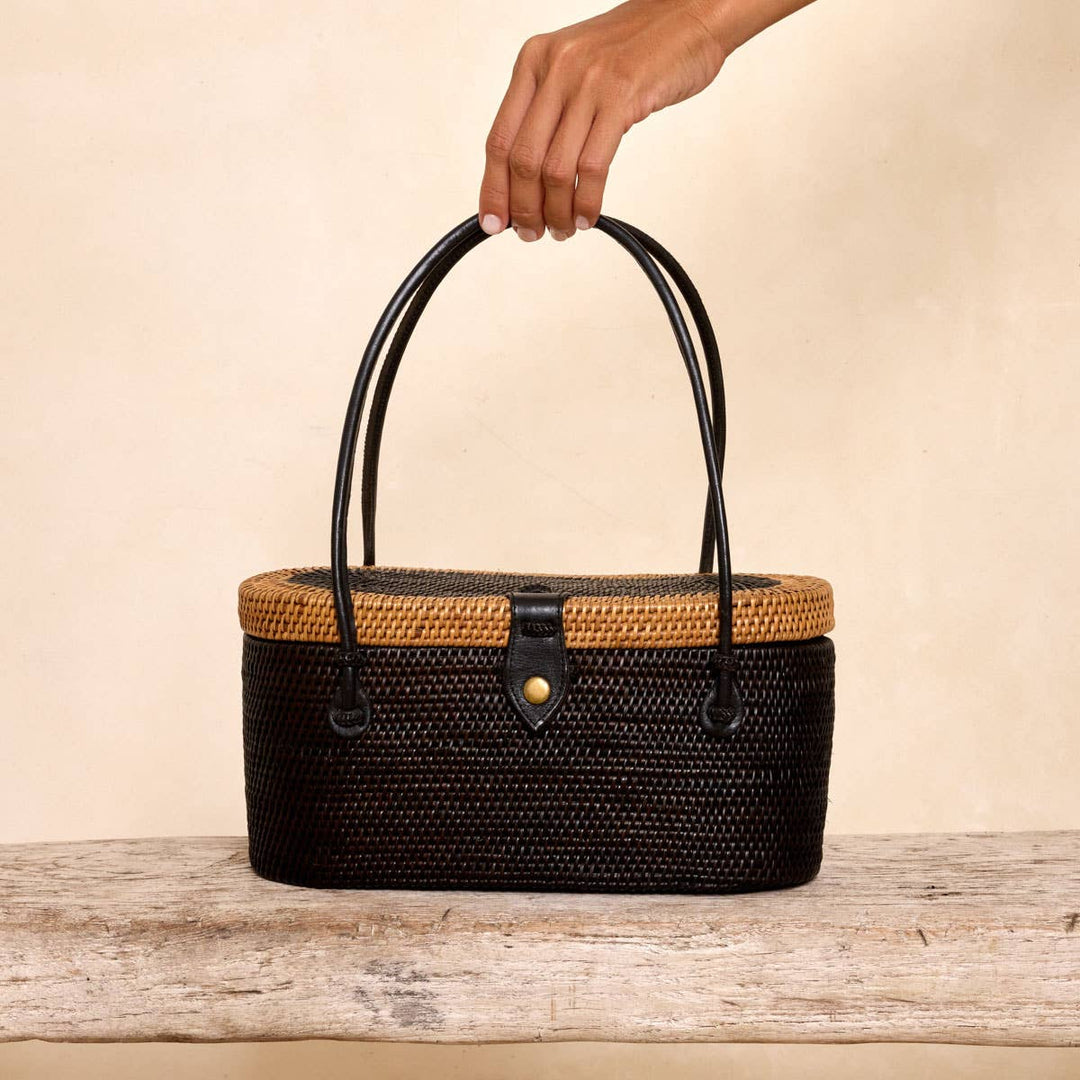 Black with Natural Trim Oval Racetrack Handbag - Bali