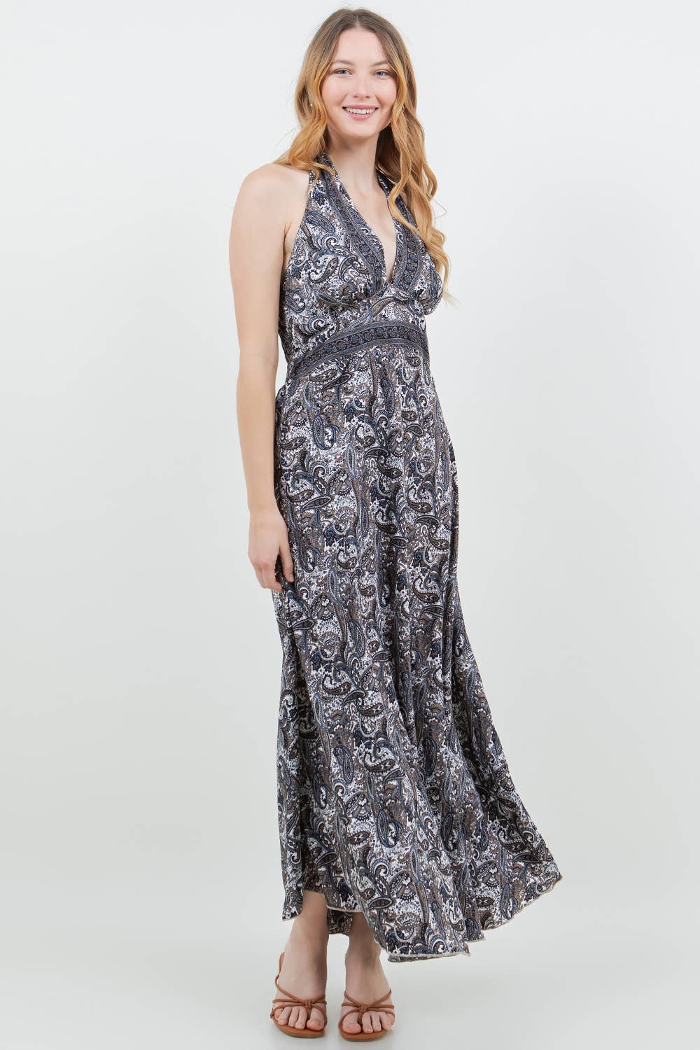 Silky Long Paisley Halter Dress - Napal
