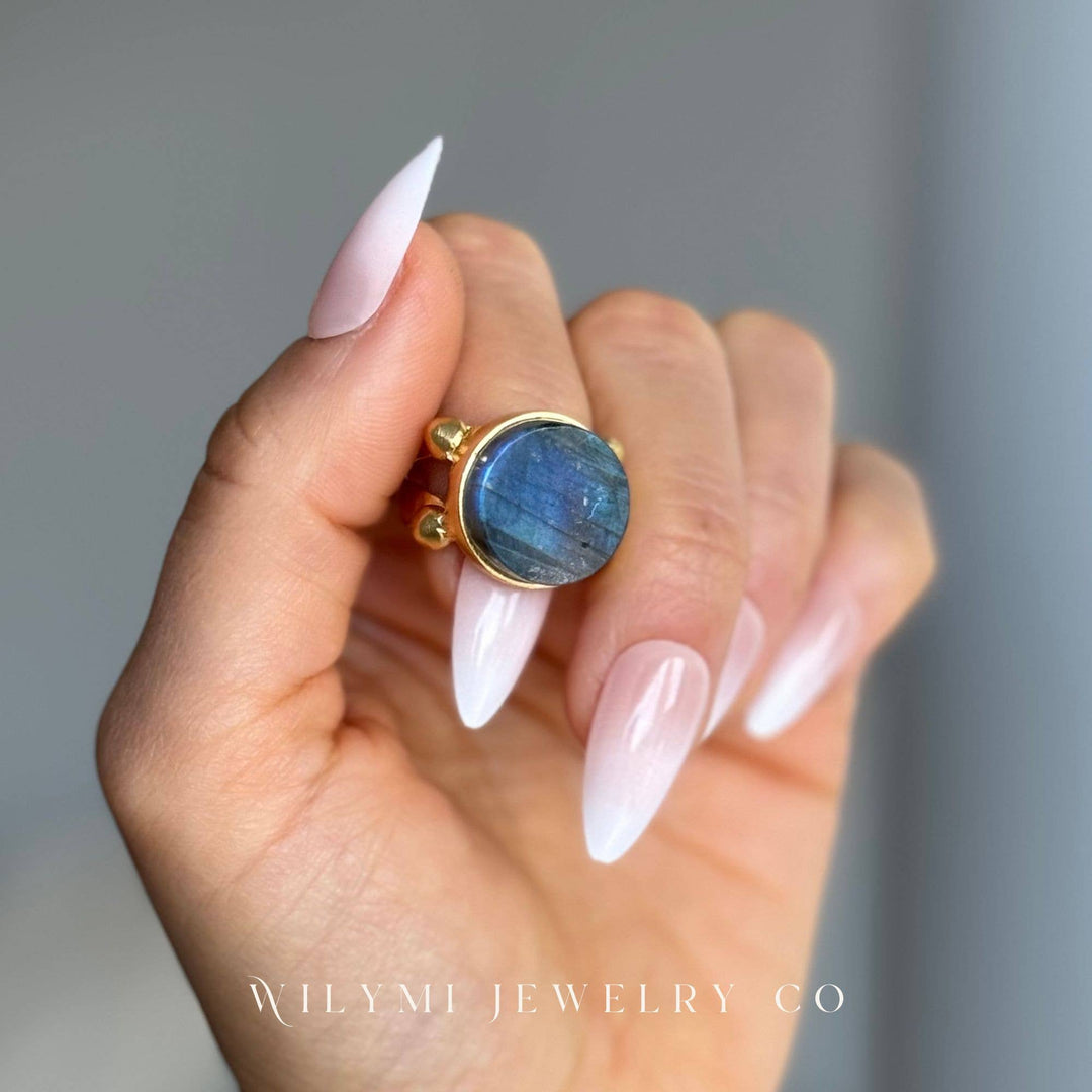 Labradorite 16mm Round Cut Flat Ring | 24k Gold Filled