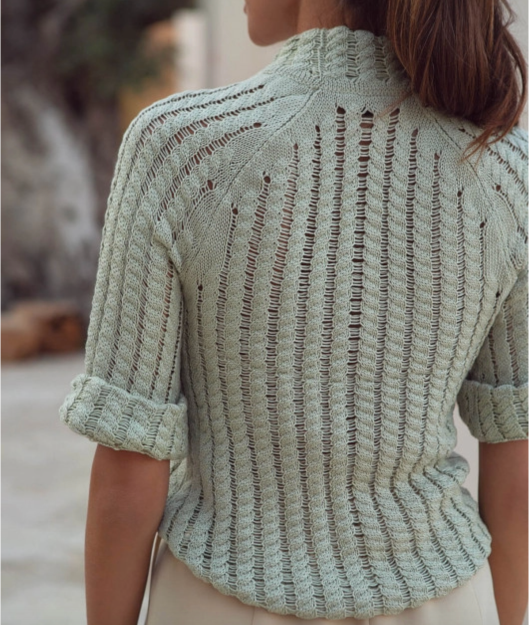 Fringed crochet-knit cotton jumper with short sleeve Provenc
