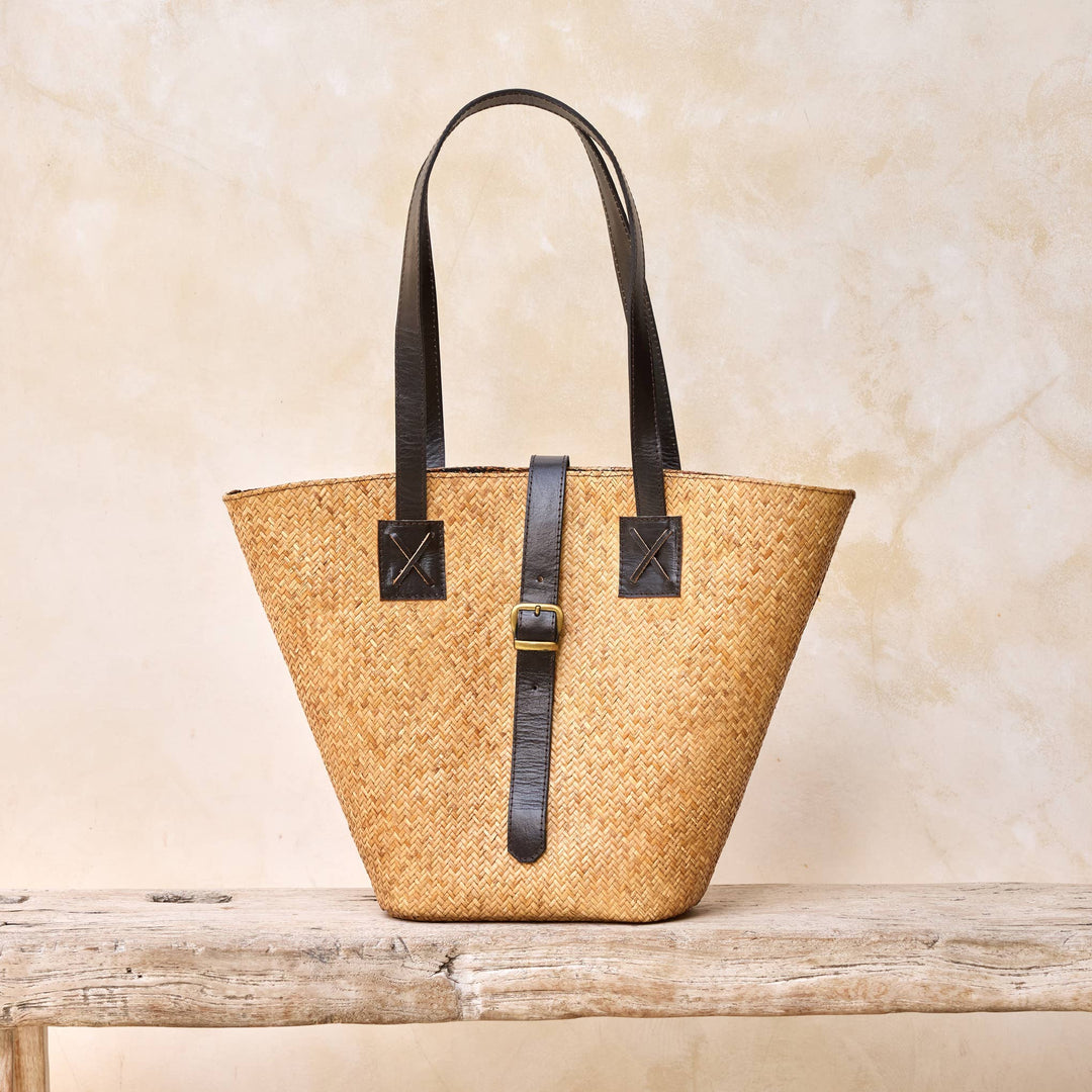 Rattan Basket Tote Bag with Leather Trim - Borneo