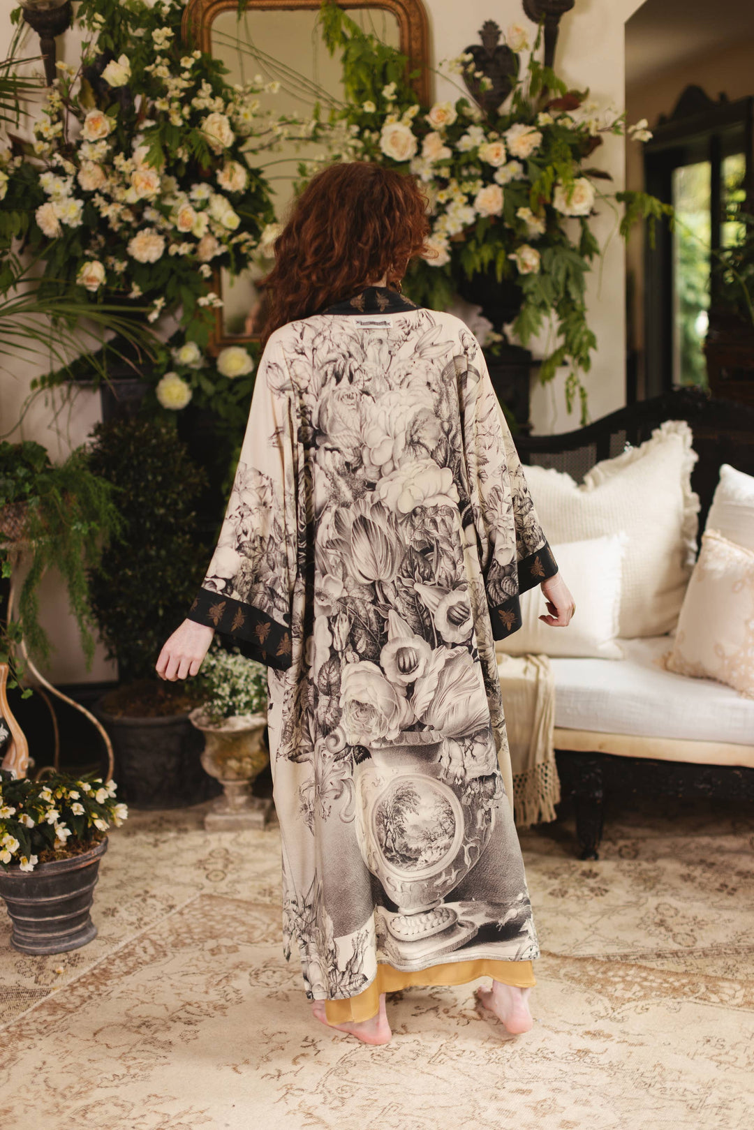 Honey & The Moon Opera Duster Kimono Robe w/ Florals & Bees