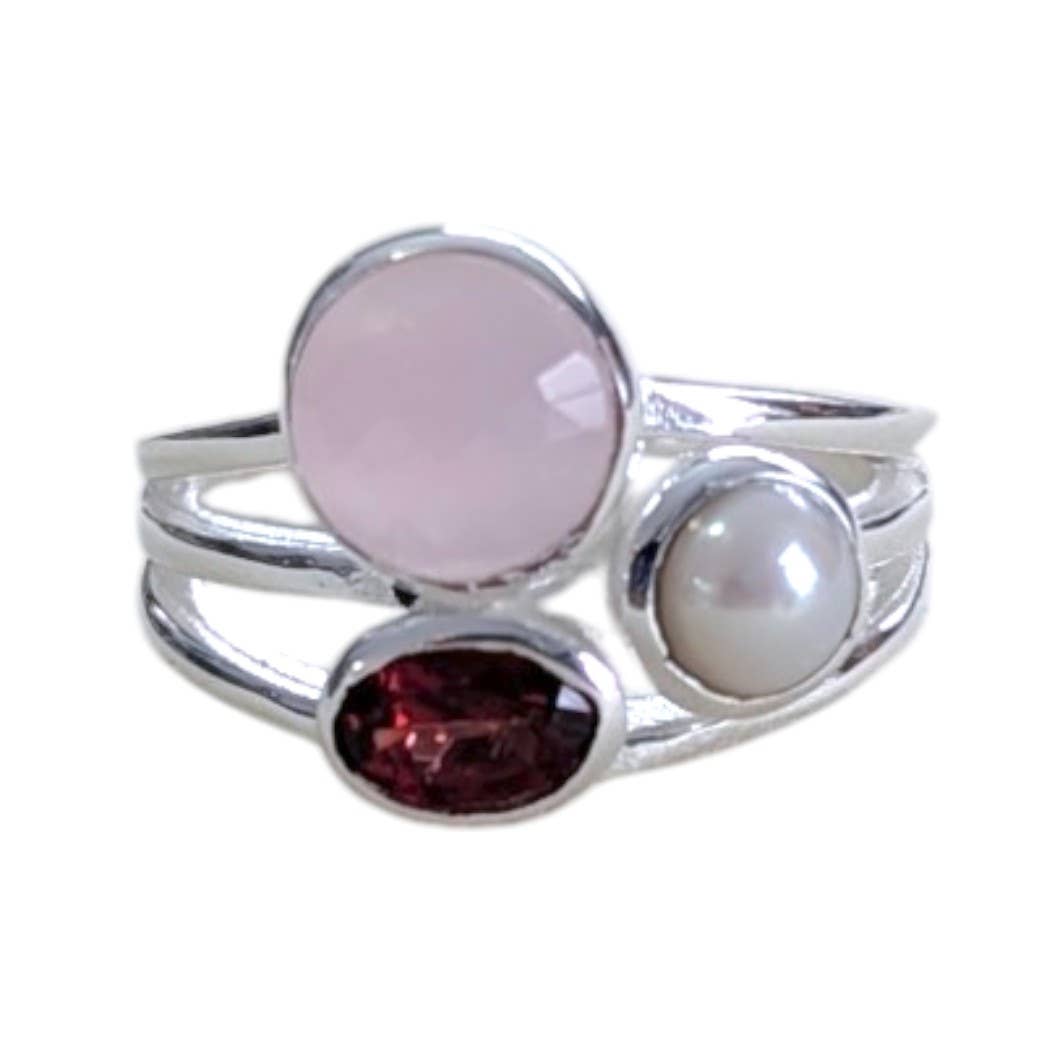 Vineyard Pink Chalcedony/Garnet/Pearl 3-Stone Sterling Ring