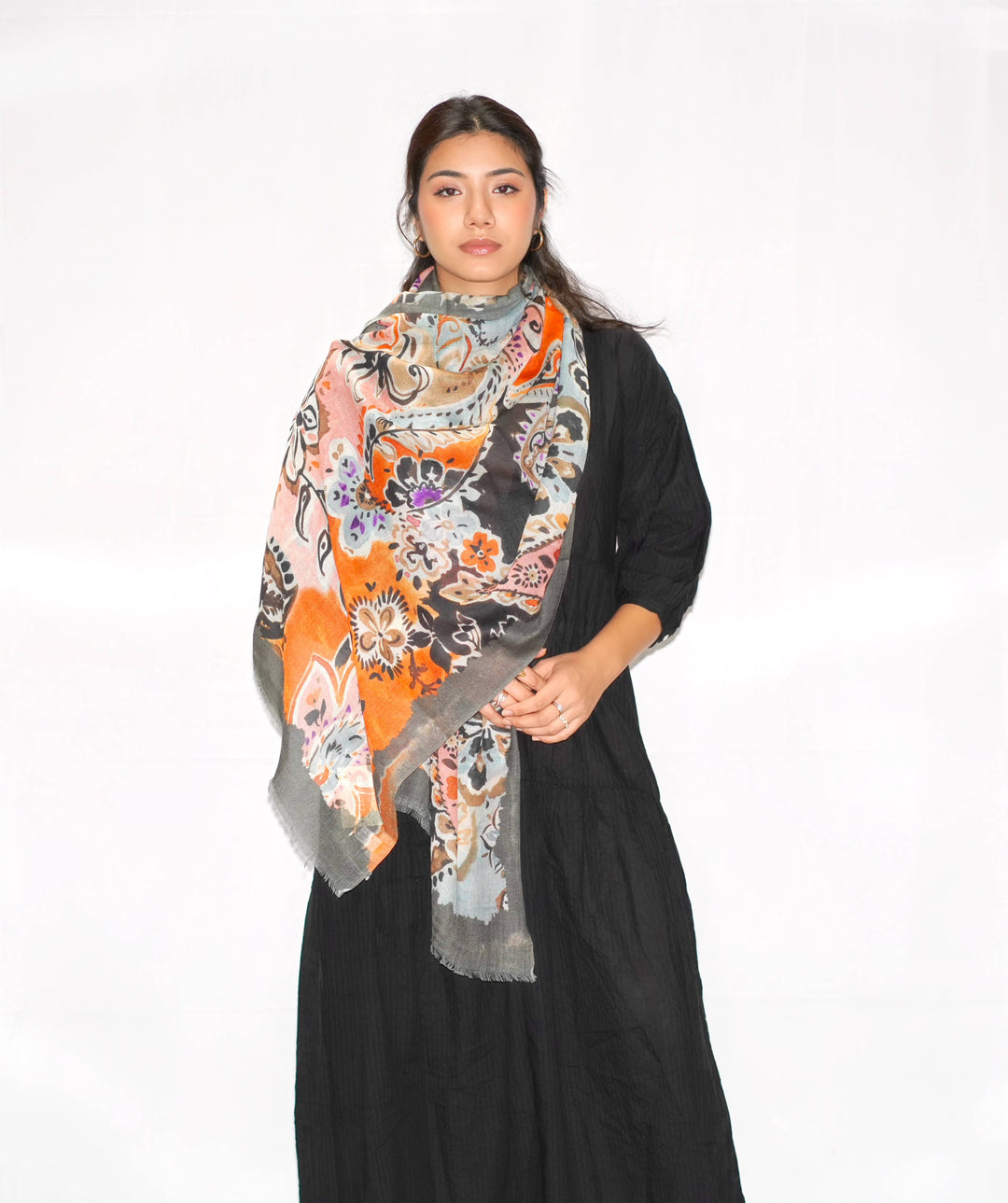Wool/Silk Blend Printed Scarf-Orange Olive