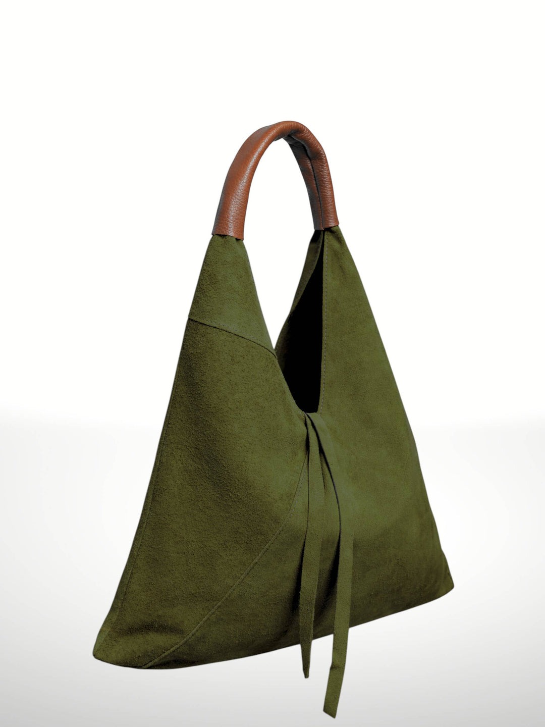 An olive green suede hobo-style shoulder bag with a brown leather handle and matching tie detail, shown against a plain white background.