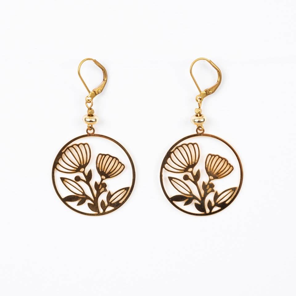 24K Plate Circle Frame Flower Earrings -  Guatemala