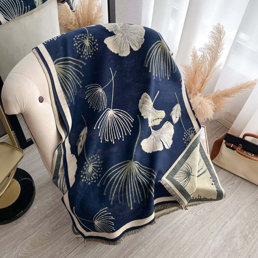 Navy / Cream Falling Ginkgo Reversible Wrap
