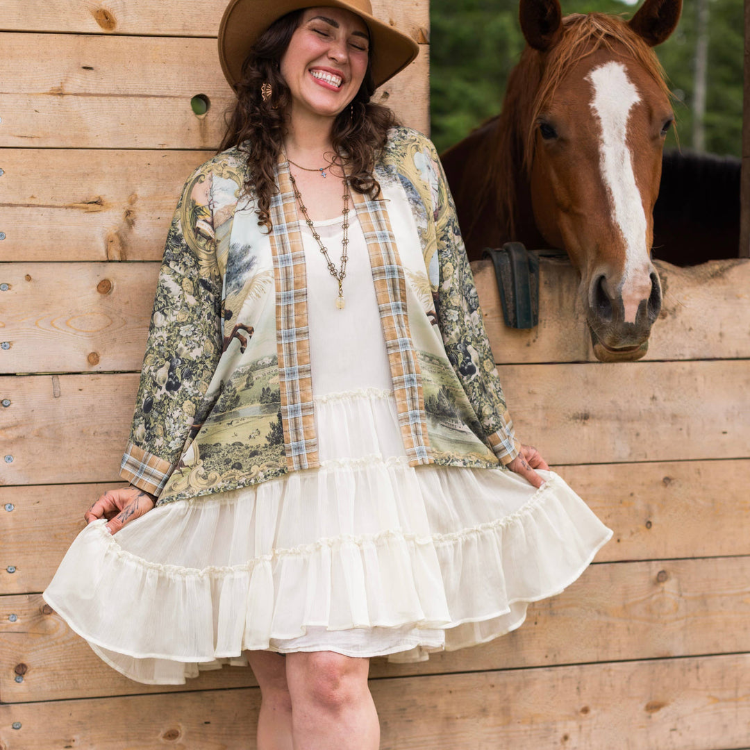 Born to Run Pixie Duster Crop Kimono w/ Horse & Flower Print - Canada