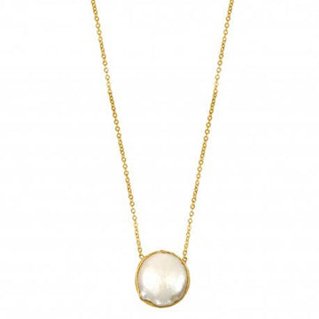 Gold necklace with a round pendant on a white background