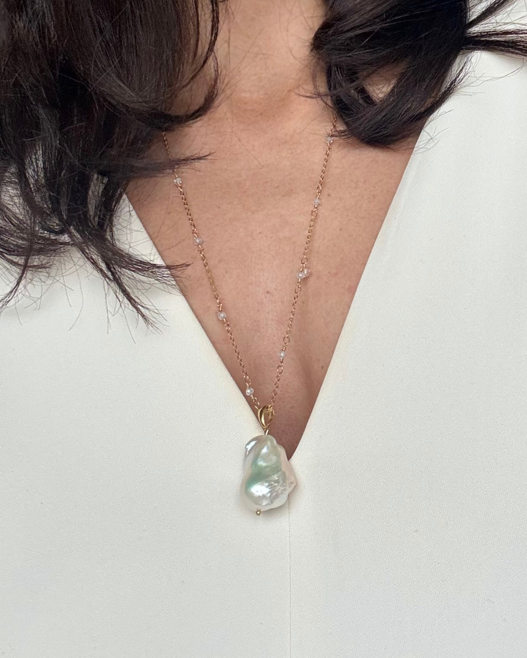 Long White Baroque Pearl Necklace + Herkimer Diamonds