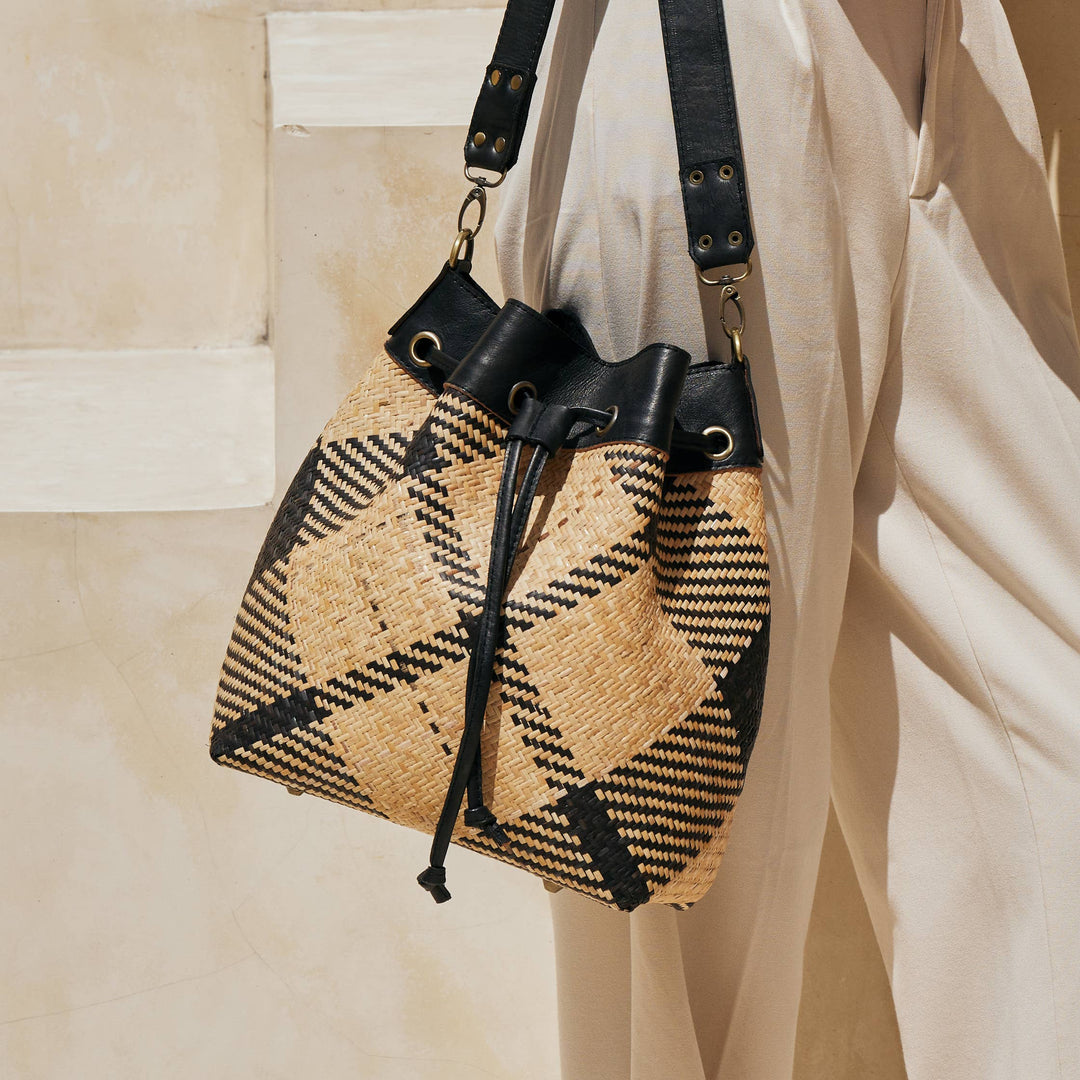 Rattan Sling Bag - Black and Ivory Plaid Weave, Leather Trim