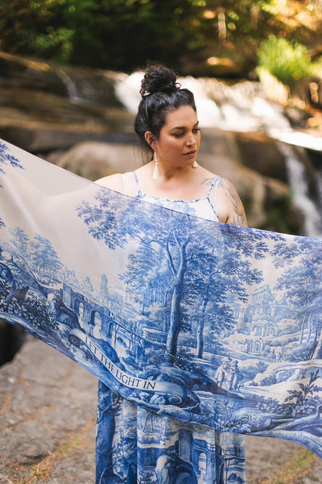 Let The Light In Bohemian Scarf w/ Blue Delft Toile Print