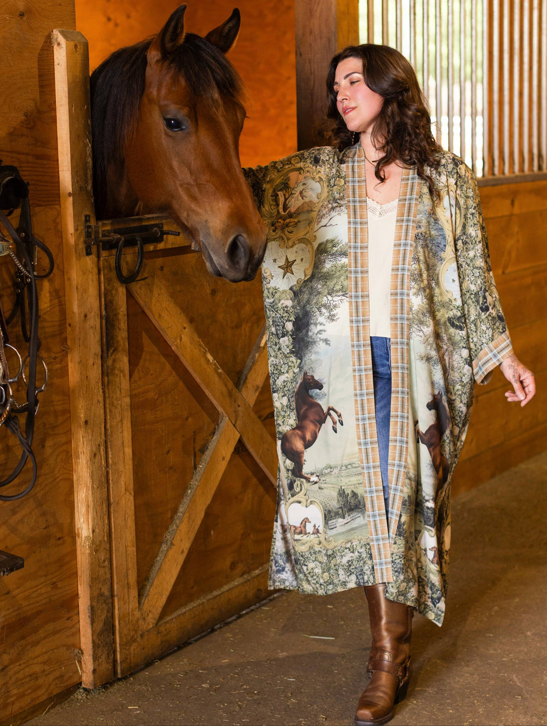 Born to Run Opera Duster Kimono Robe w/ Horse & Flower Print - Canada