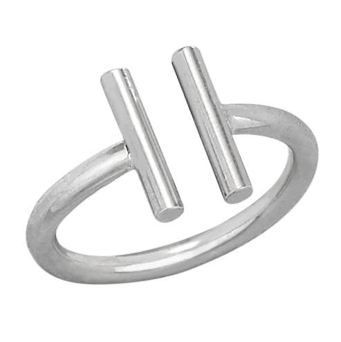 A silver open ring band featuring two parallel vertical cylindrical bars extending from the top, photographed on a plain white background.