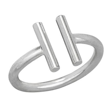 A silver open ring band featuring two parallel vertical cylindrical bars extending from the top, photographed on a plain white background.