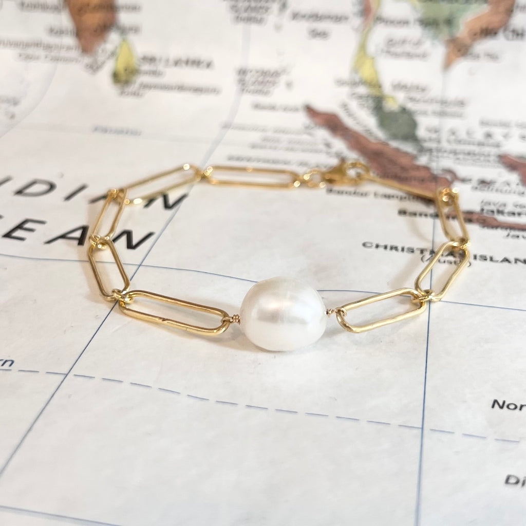 Gold Paper Clip Bracelet with Pearl - New Canaan, Connecticut