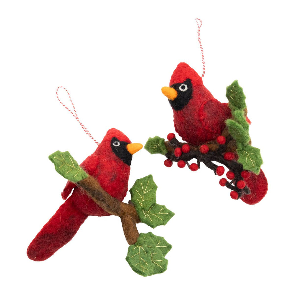 Ornament - Felt Red Cardinal on Branch - India