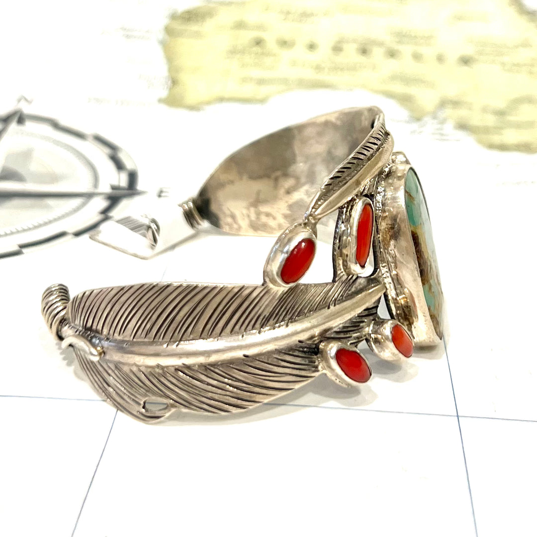 Sterling Silver Feather Cuff with Tibitan Turquoise & Coral - Thailand