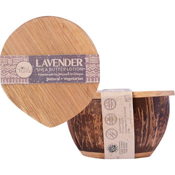 Lavender Shea Butter Lotion in a wooden container with a label on a white background