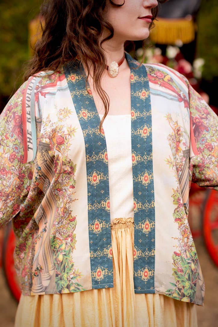 Love Revolution Pixie Crop Kimono w/ Sun, Horse & Florals