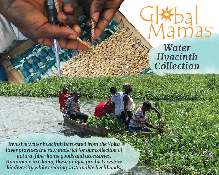 Advertisement for Global Mamas Water Hyacinth Collection featuring people in a boat and harvested water hyacinth.