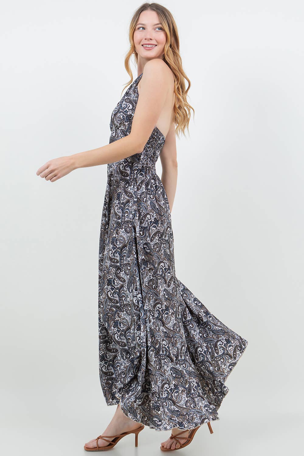 Silky Long Paisley Halter Dress - Napal