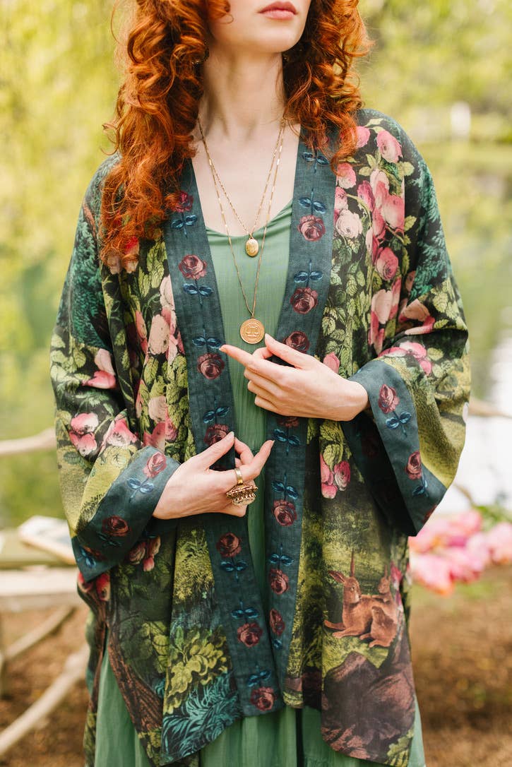 The Daydreamer Matinée Duster Kimono w/ Roses & Rabbits