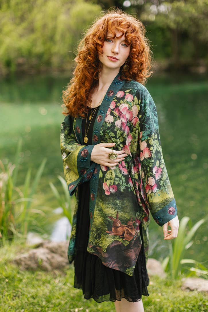 The Daydreamer Matinée Duster Kimono w/ Roses & Rabbits