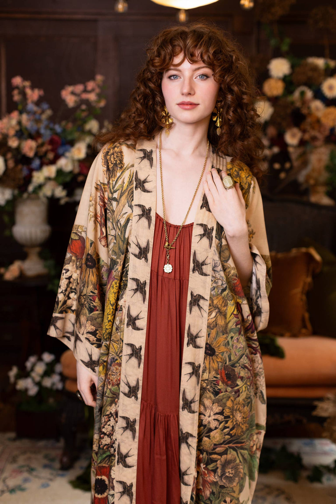 Golden Hour Opera Duster Kimono Robe w/  Floral Print