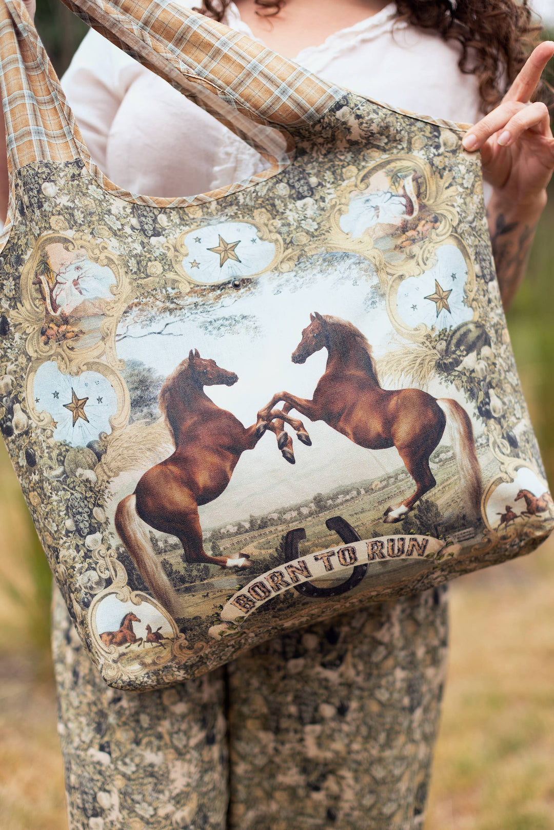 Born To Run Boho Linen Tote Bag w/ Wild Horse & Floral Print