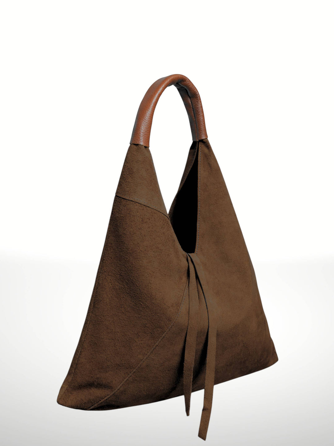 An olive green suede hobo-style shoulder bag with a brown leather handle and matching tie detail, shown against a plain white background.