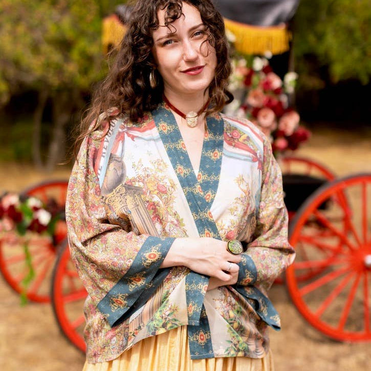 Love Revolution Pixie Crop Kimono w/ Sun, Horse & Florals
