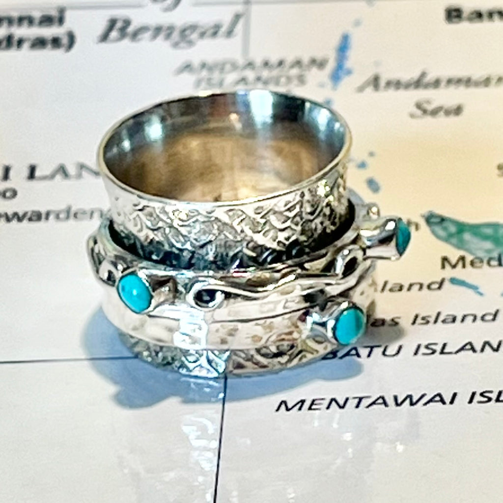 Silver Chunky Turquoise Spinner Ring - Rajasthan, India