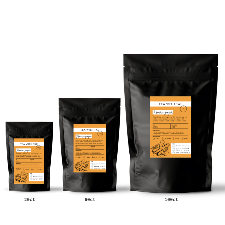Three black tea bags with orange labels on a white background