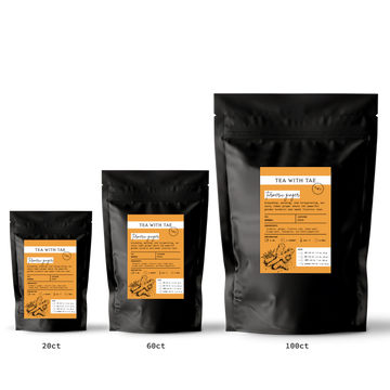 Three black tea bags with orange labels on a white background