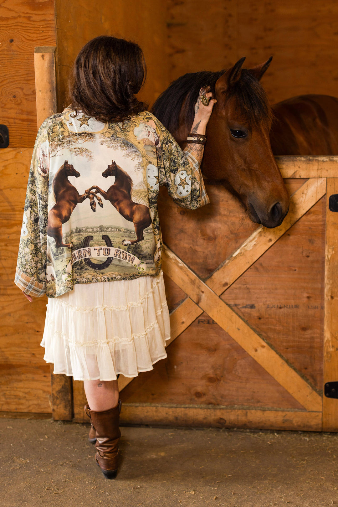 Born to Run Pixie Duster Crop Kimono w/ Horse & Flower Print - Canada