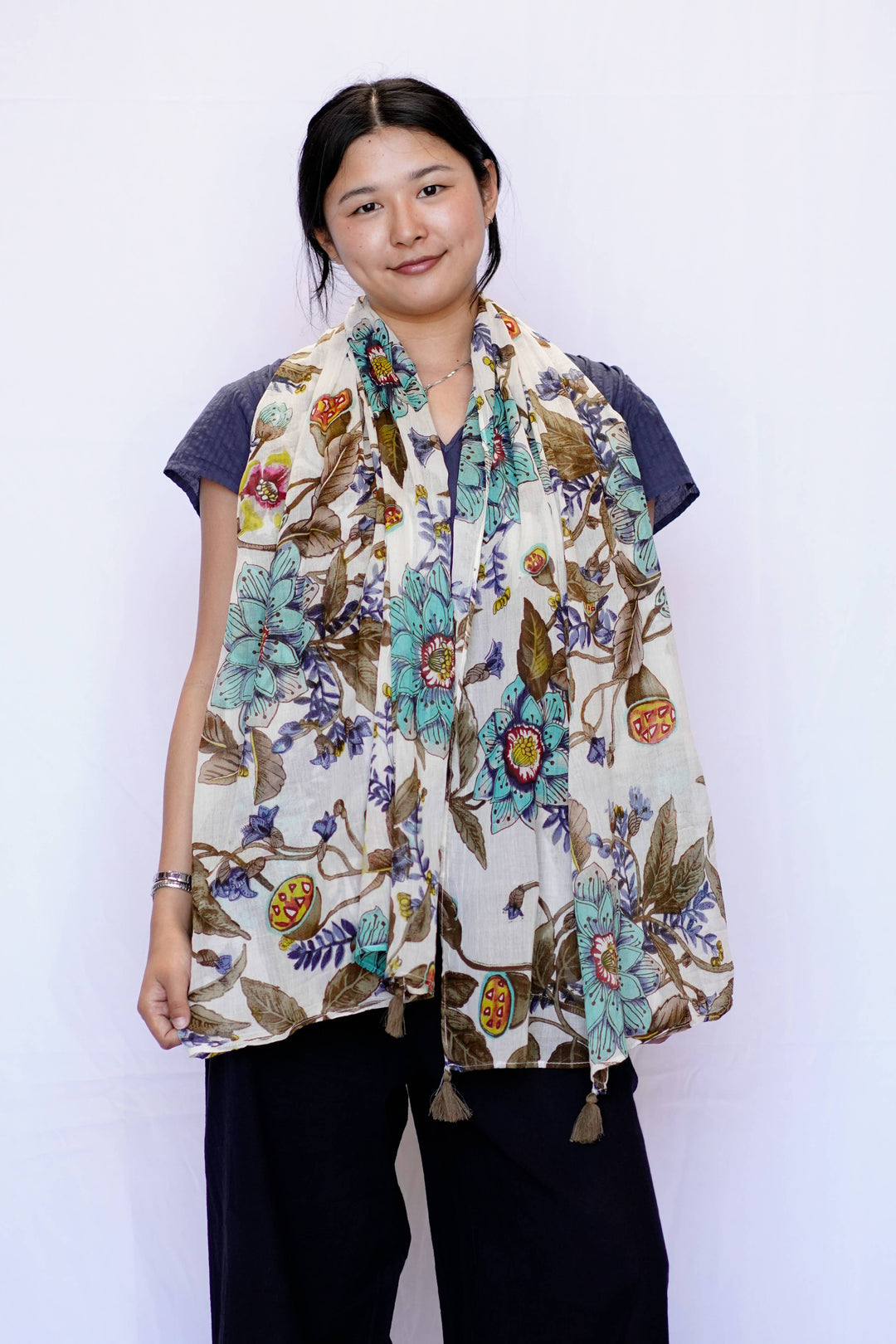 Sorrento Cotton Tassel Scarf- White-Brown