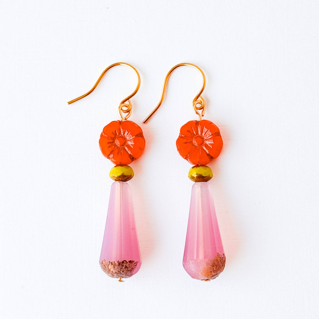 Glass Flower Bead Drop Earrings with Colorful Glass Accents