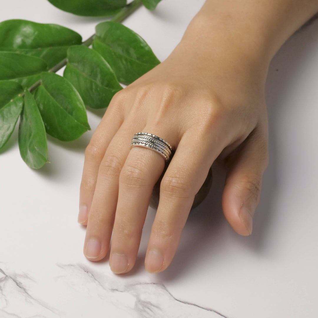 Sterling Silver Braided Spinner Ring with 3 Silver Bands - India