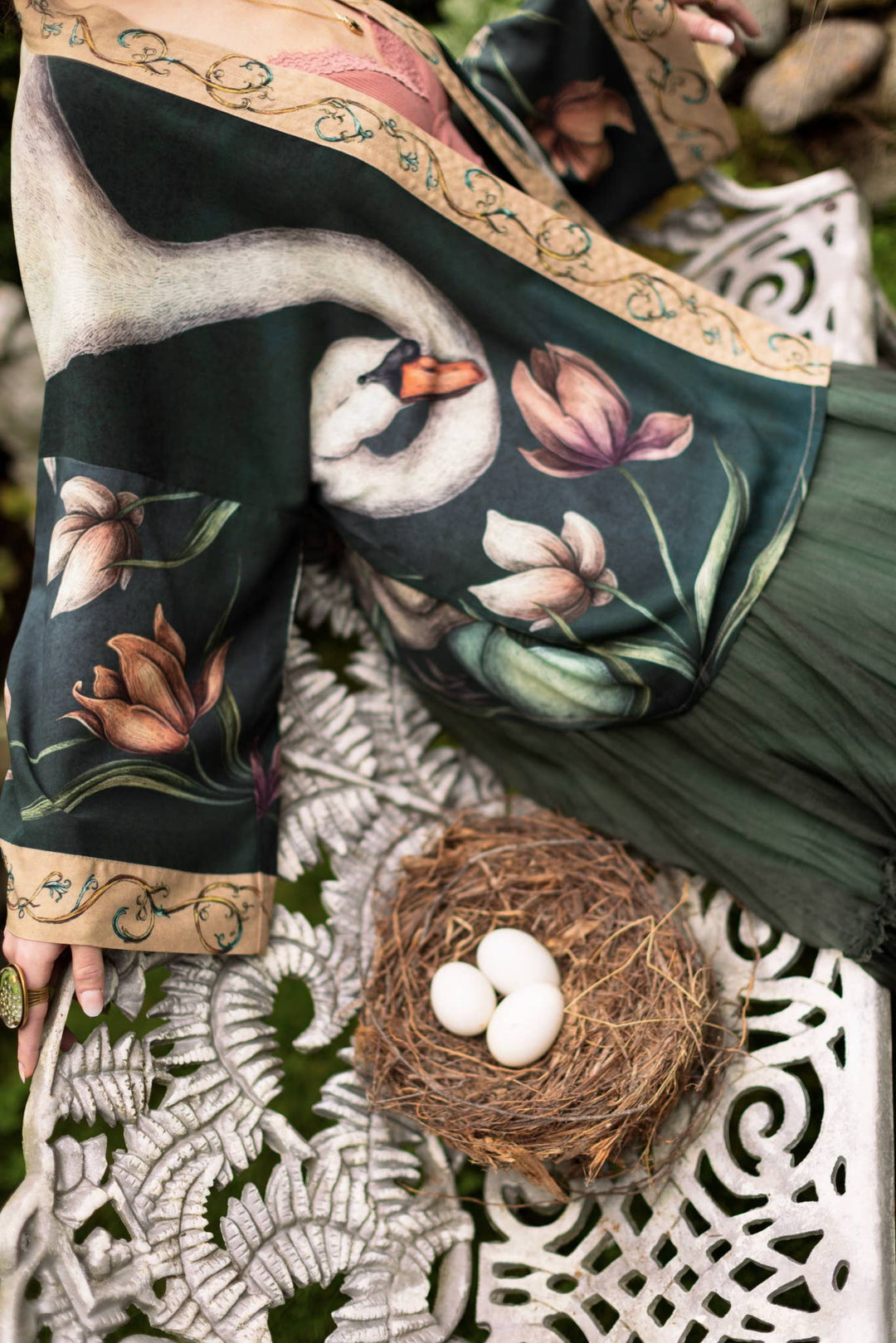 Under My Wing Pixie Crop Kimono w/ Swan & Feathers
