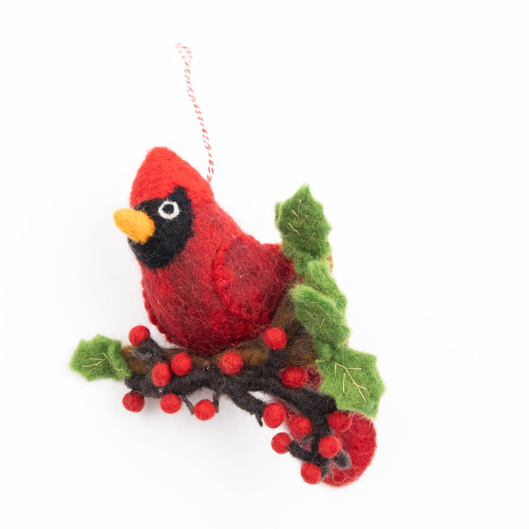 Ornament - Felt Red Cardinal on Branch - India