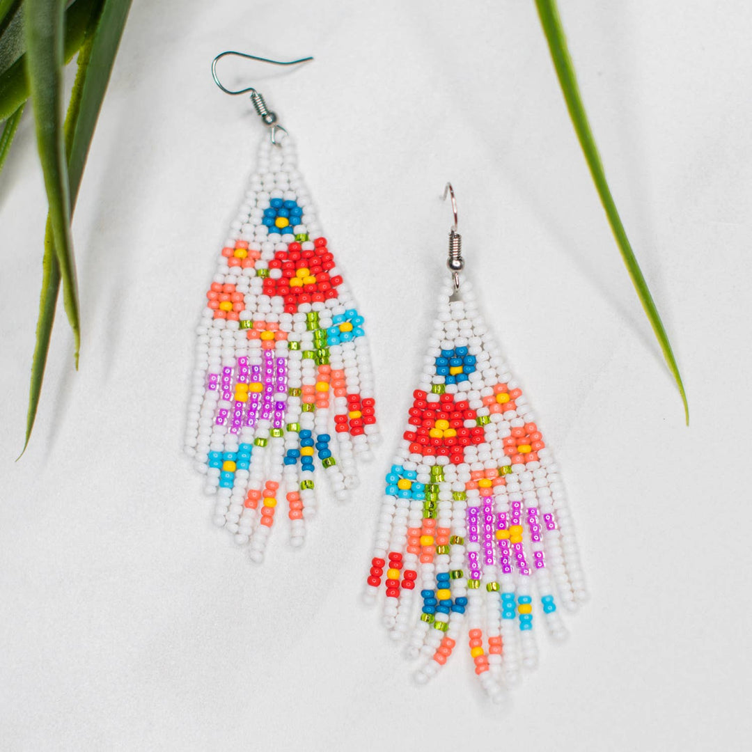Flower Fringe Earrings White - Guatemala