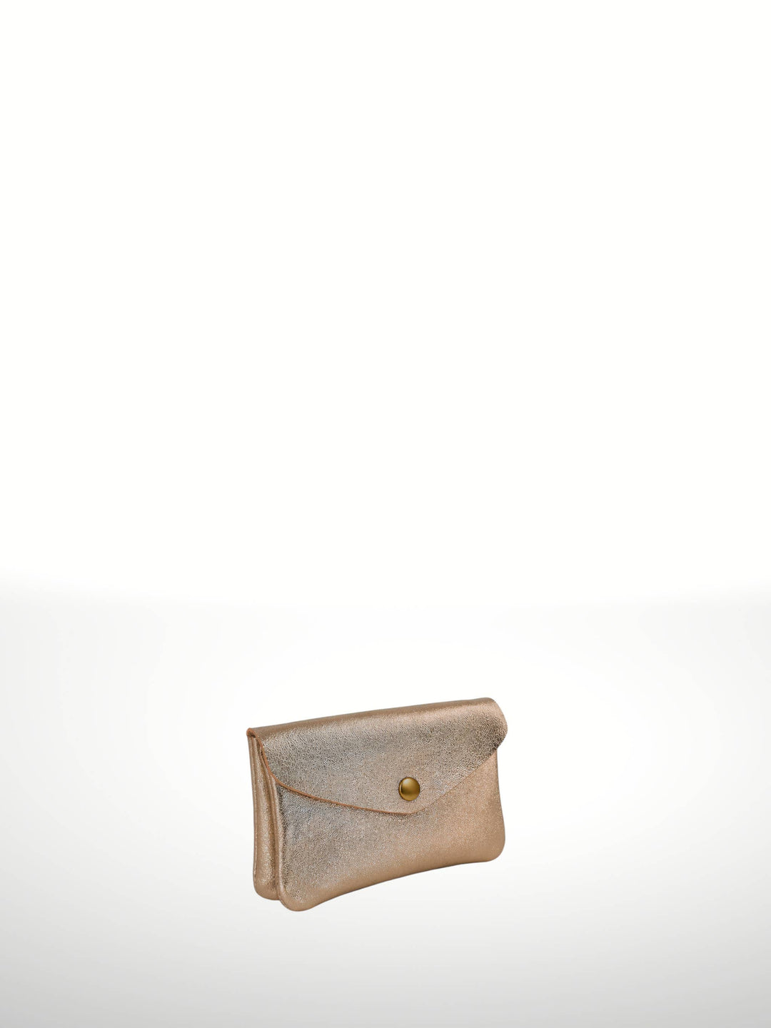 A small metallic champagne-gold envelope clutch bag with a gold snap button, shown against a plain white background.